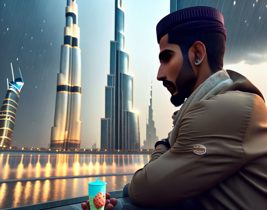 Stylish man with berry cup overlooking futuristic cityscape