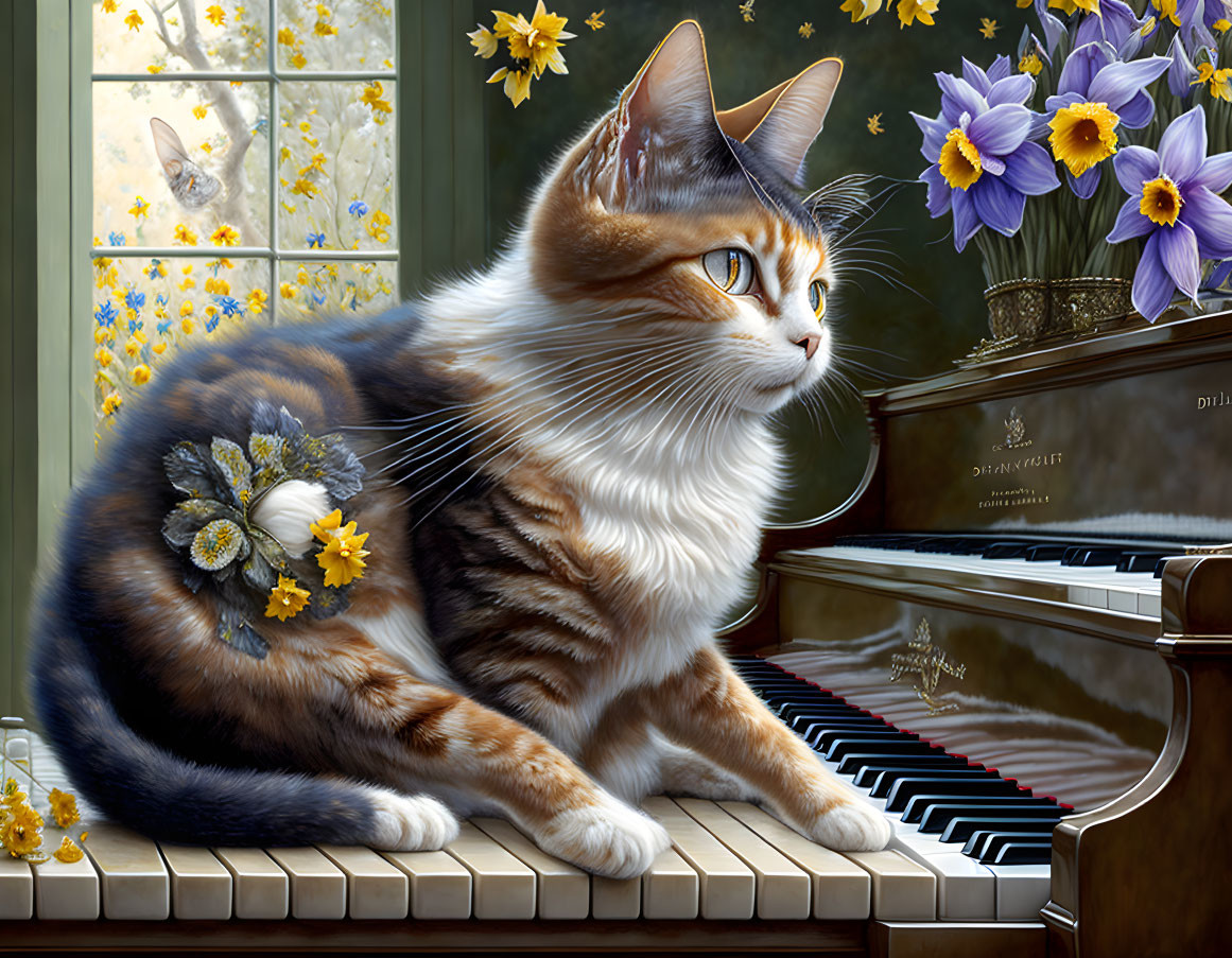 Daffodil cat playing a piano. extreme details, ful