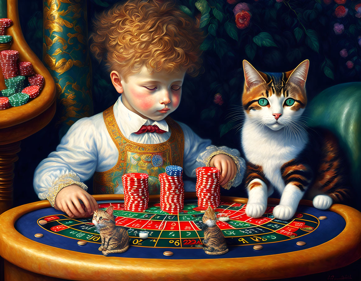 A cute little human boy, cat playing roulette tabl