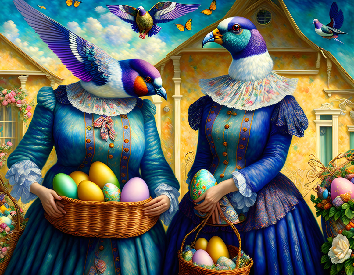 Pigeon women with bags, food baskets and easter at