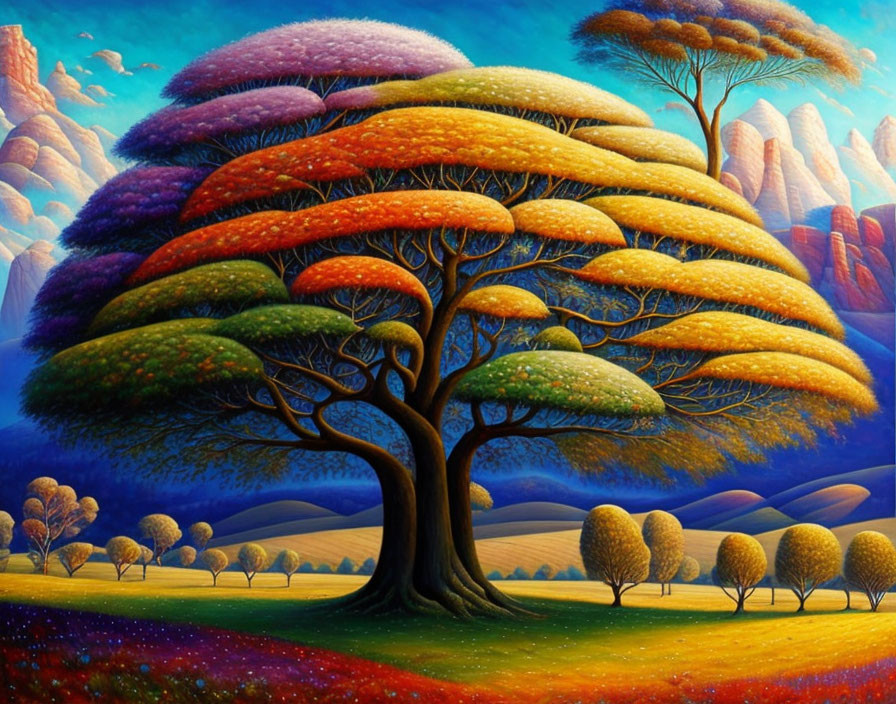Colorful landscape painting with vibrant tree and rolling hills under blue sky