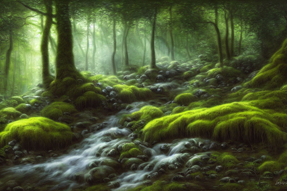 Ethereal forest scene with green moss, stream, and sunlight filtering through trees