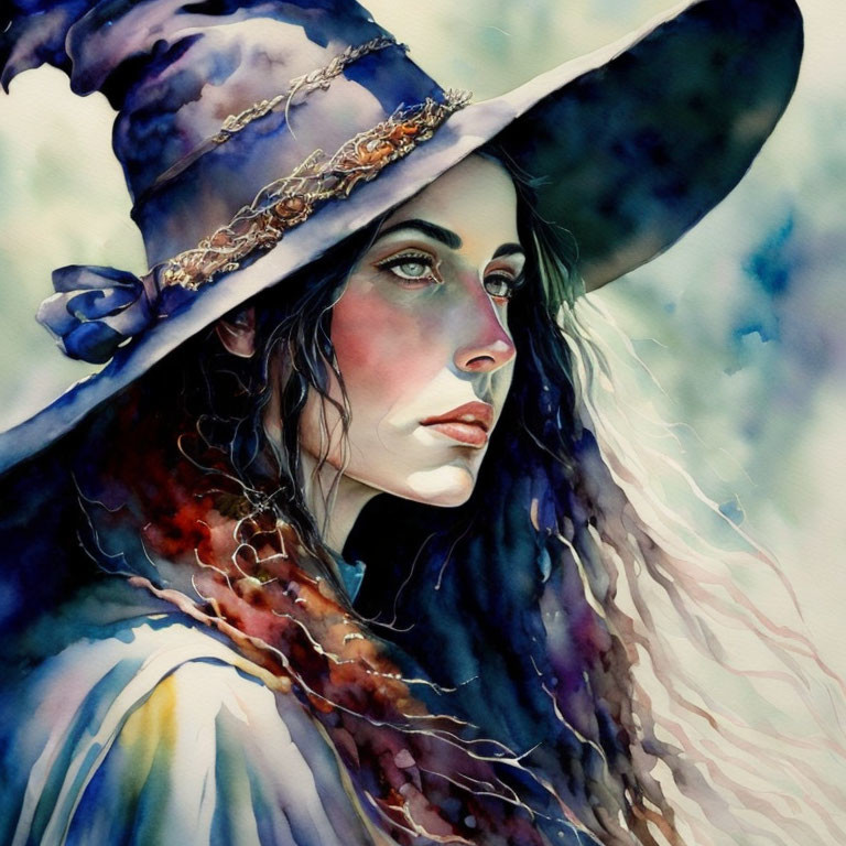 Detailed Watercolor Portrait of Woman in Wide-Brimmed Hat