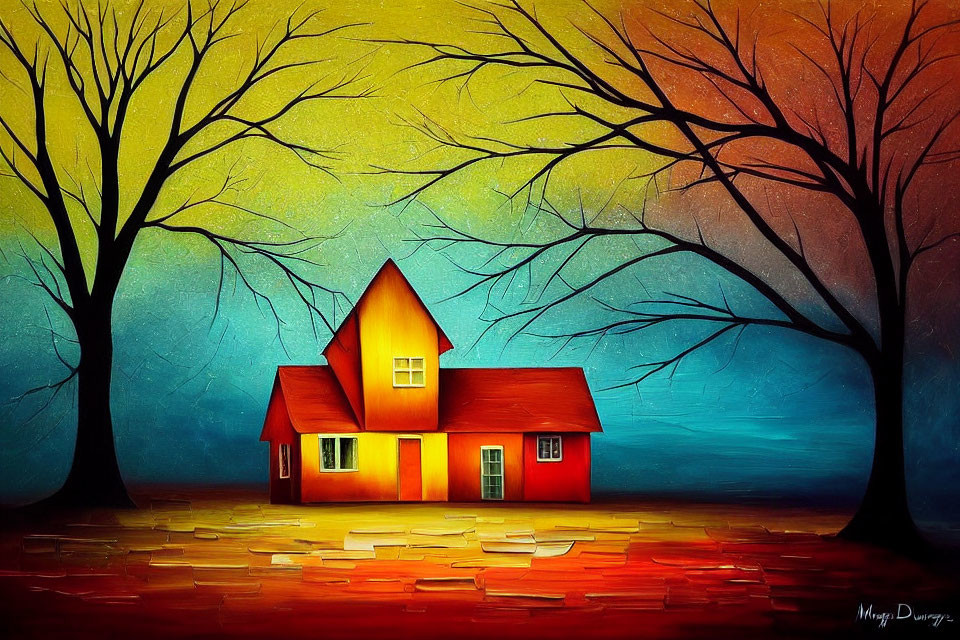 Vivid painting of red house and trees on colorful backdrop