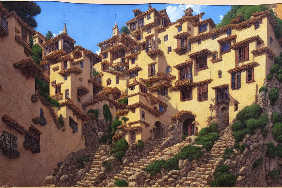 Intricate Multi-Storied Houses on Steep Hill with Stairs