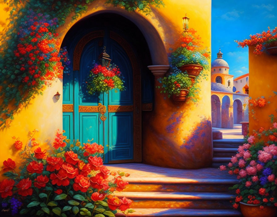 Colorful painting: Blue door, yellow wall, red flowers, lanterns, distant dome