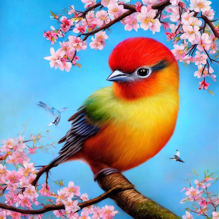 Colorful Bird Perched on Branch Among Pink Blossoms