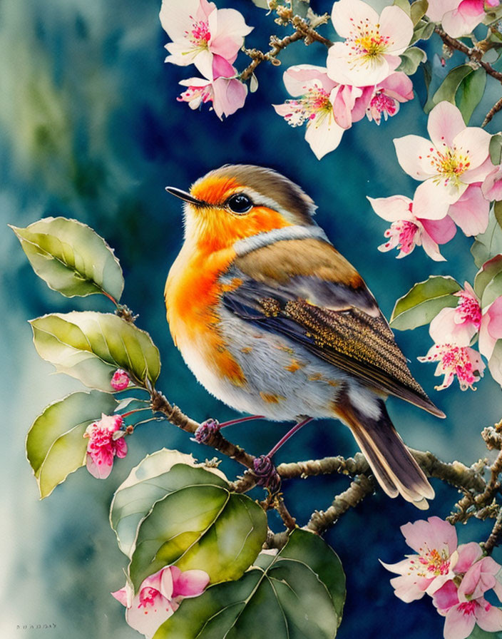 Colorful Bird Painting on Branch with Pink Blossoms and Blue Background