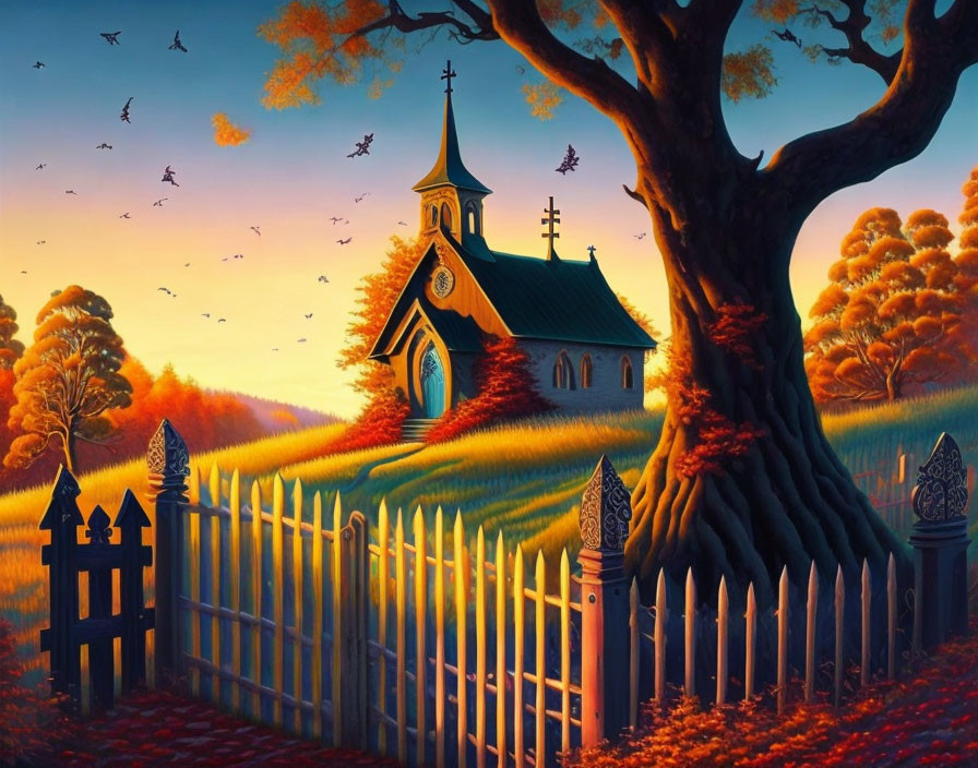 Tranquil church scene with picket fence, tree, autumn leaves, and birds