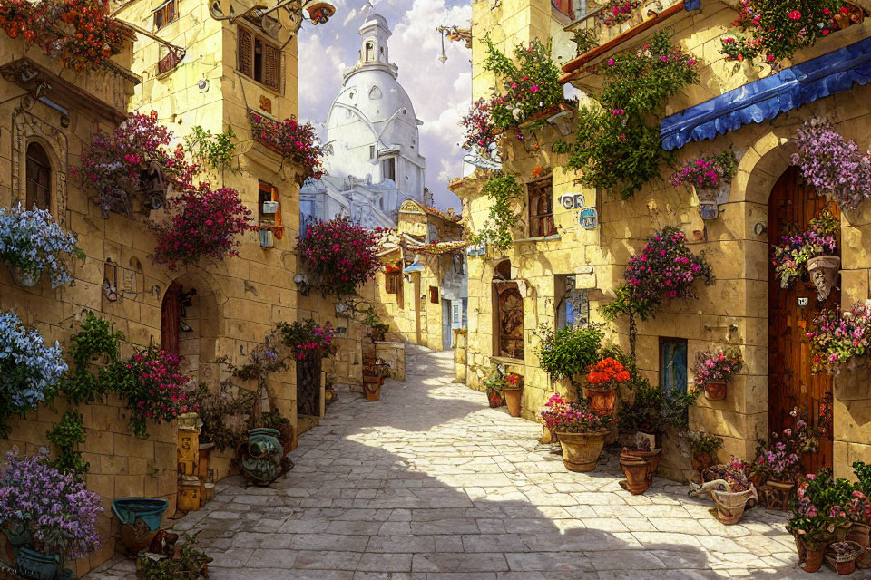 Cobblestone street with flowers, old buildings, and white dome against clear sky