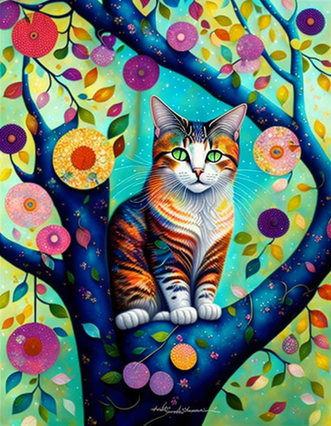 Colorful Cat Painting with Rainbow Hues on Starry Night Sky & Flowers