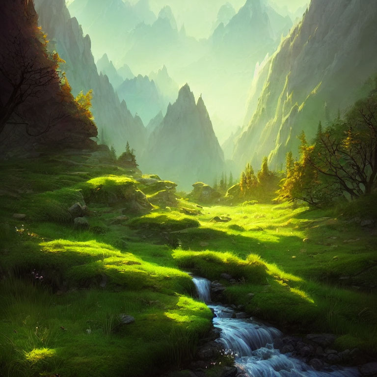 Serene valley with stream, mountains, and sunlight