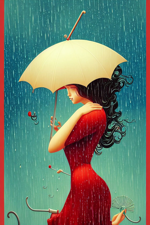 Woman in Red Dress with Cream Umbrella in Rainy Scene
