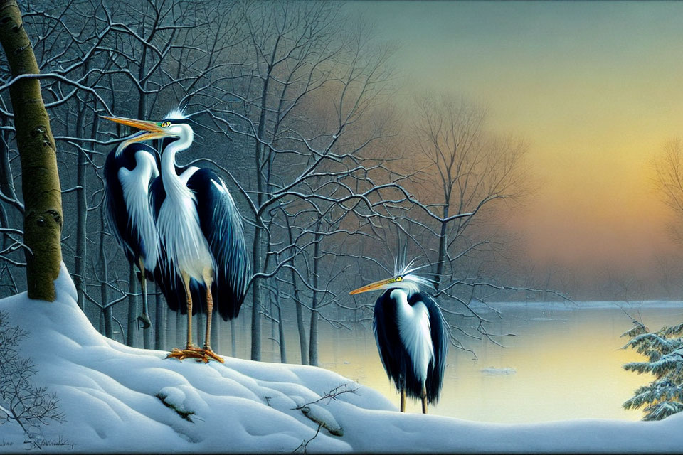 Snowy Landscape: Two Herons, Bare Trees, Glowing Horizon, Tranquil Water