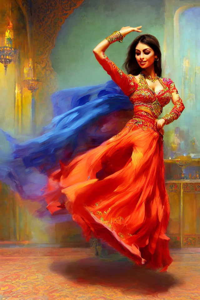 Traditional attire woman dancing with orange skirt and blue scarf