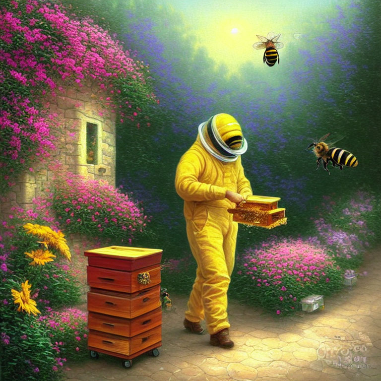 Astronaut tending to beehives in lush garden with oversized bees under sunlit sky