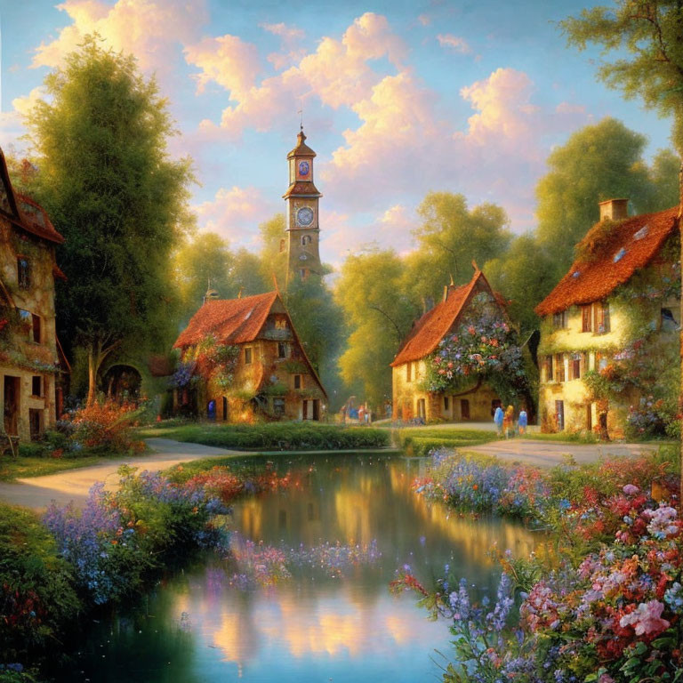 Serene village scene with clock tower and thatched cottages