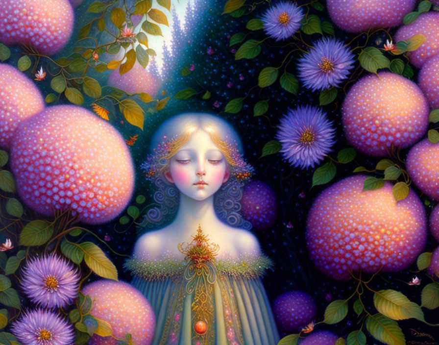 Illustration of girl with glowing fruits and flowers in mystical, starry setting