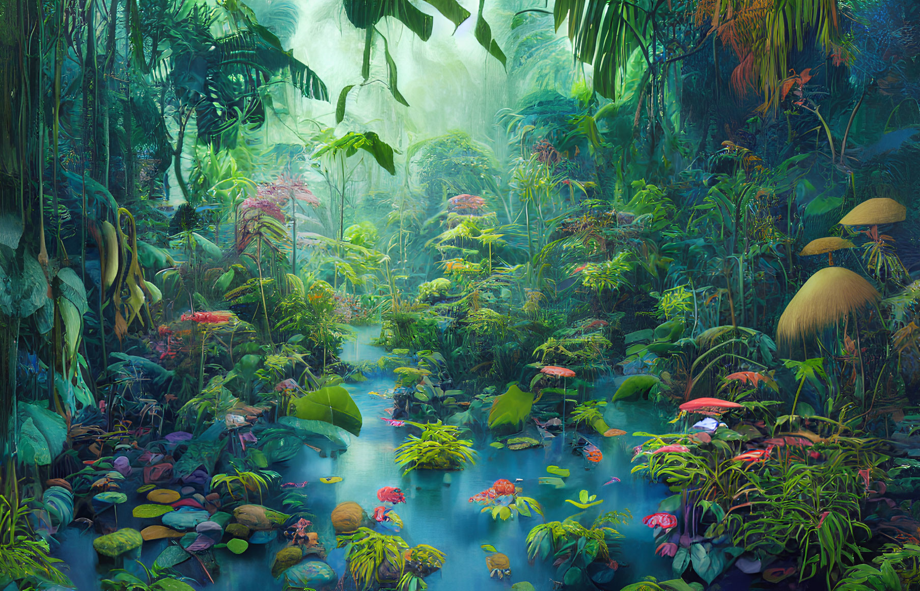Mystical jungle with blue stream, lush foliage, flowers, and oversized mushrooms
