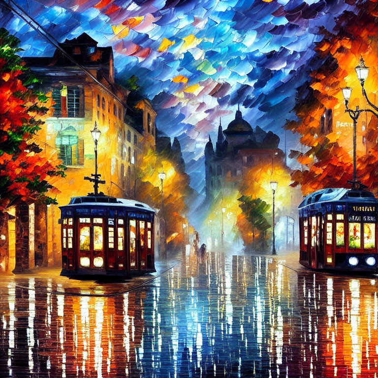 Impressionistic painting of vintage trams on wet street at night
