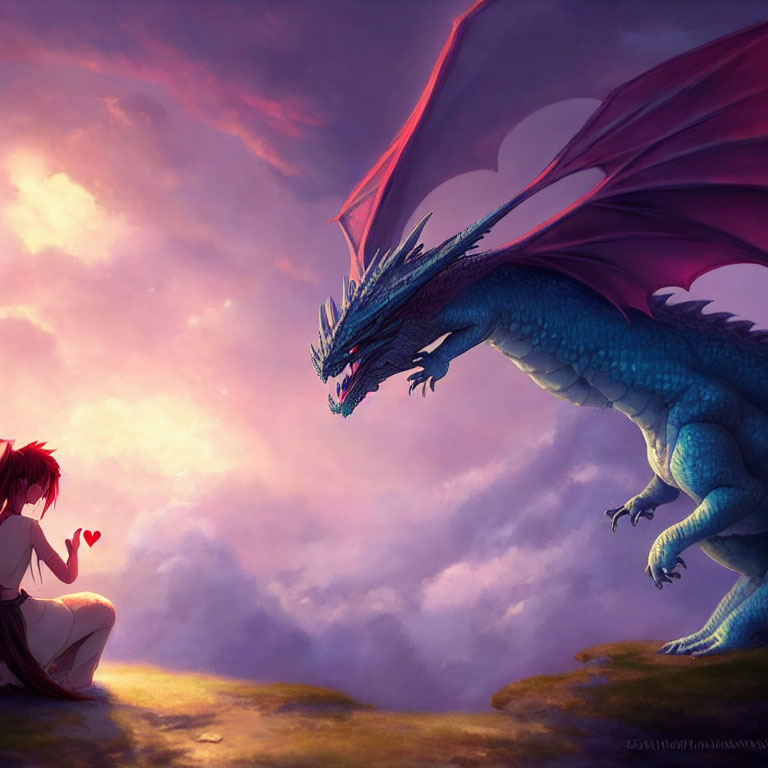 Person kneeling before large blue dragon under dramatic purple sky