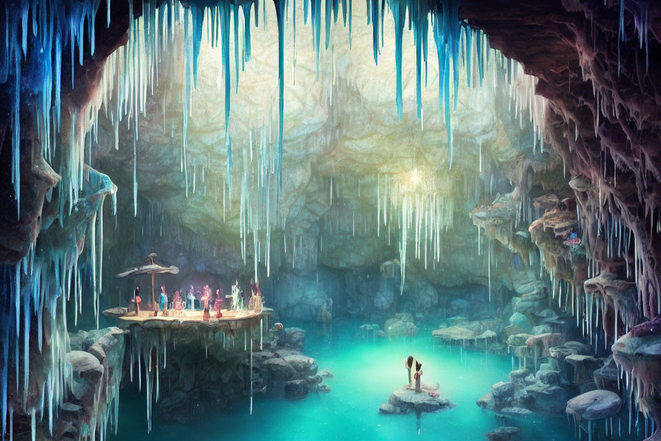 Mystical underground cave with glowing crystals, stalactites, serene lake, and people around banquet