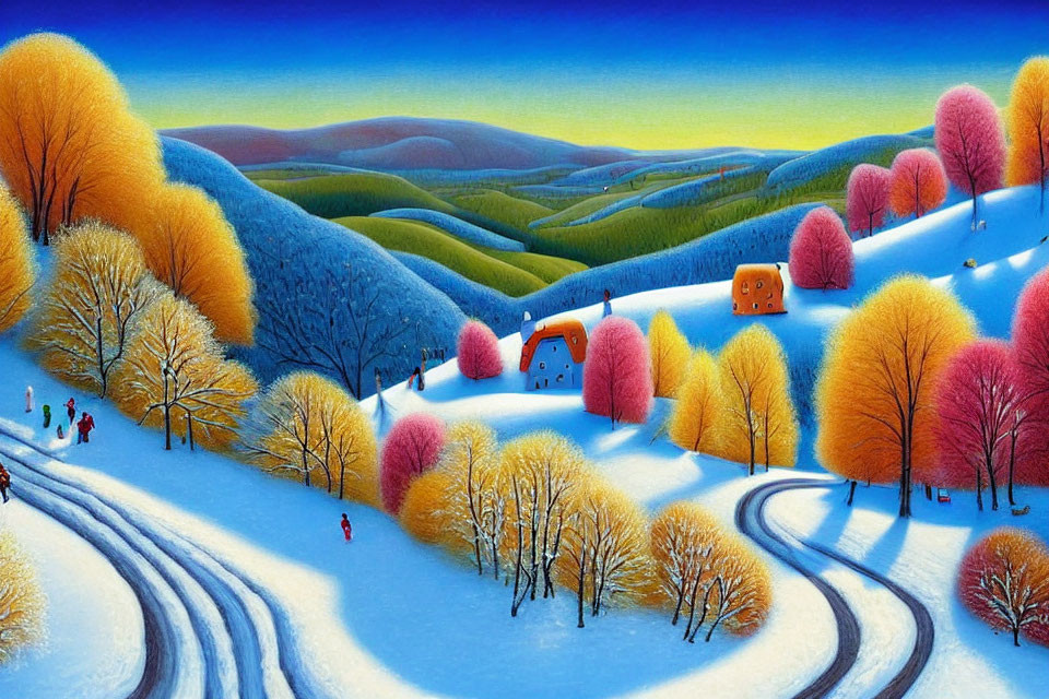 Colorful Winter Landscape with Rolling Hills and Snow-Covered Paths