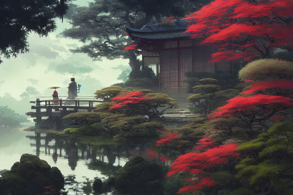 Japanese garden bridge scene with mist and red-leaved trees