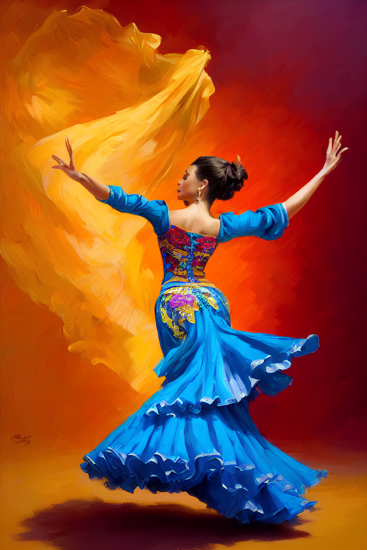 Vibrant blue flamenco dress on woman dancing against red-yellow gradient