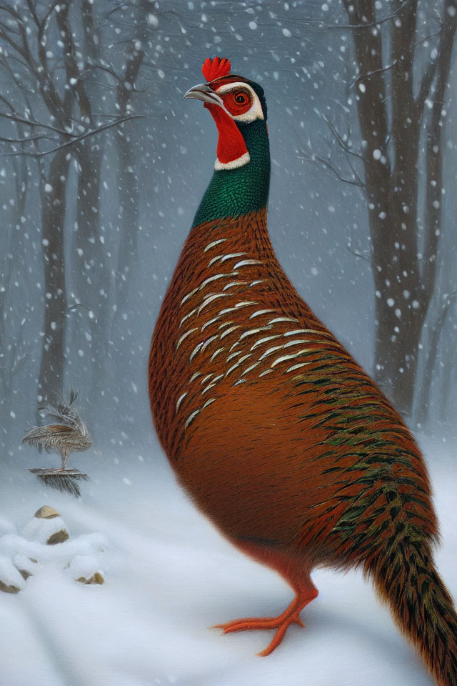 Colorful Pheasant in Snowy Setting with Falling Flakes
