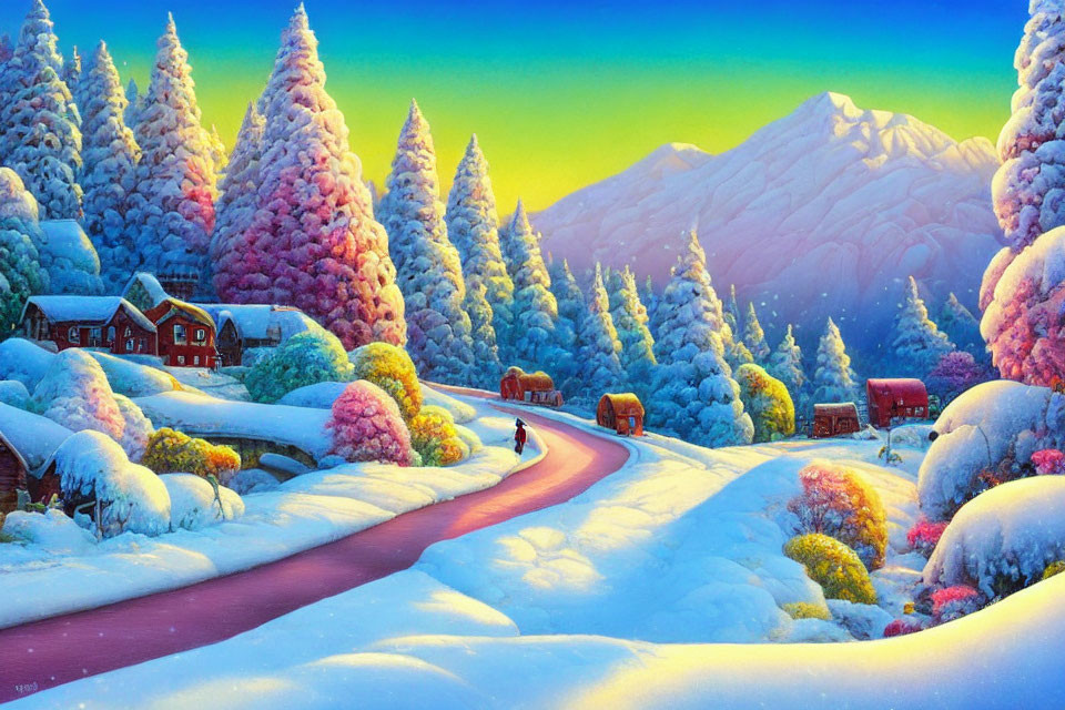 Snowy landscape with person walking on winding road among colorful trees, cozy houses, and distant mountains.