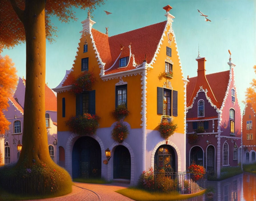 Colorful painting of traditional Dutch-style house in serene sunset setting