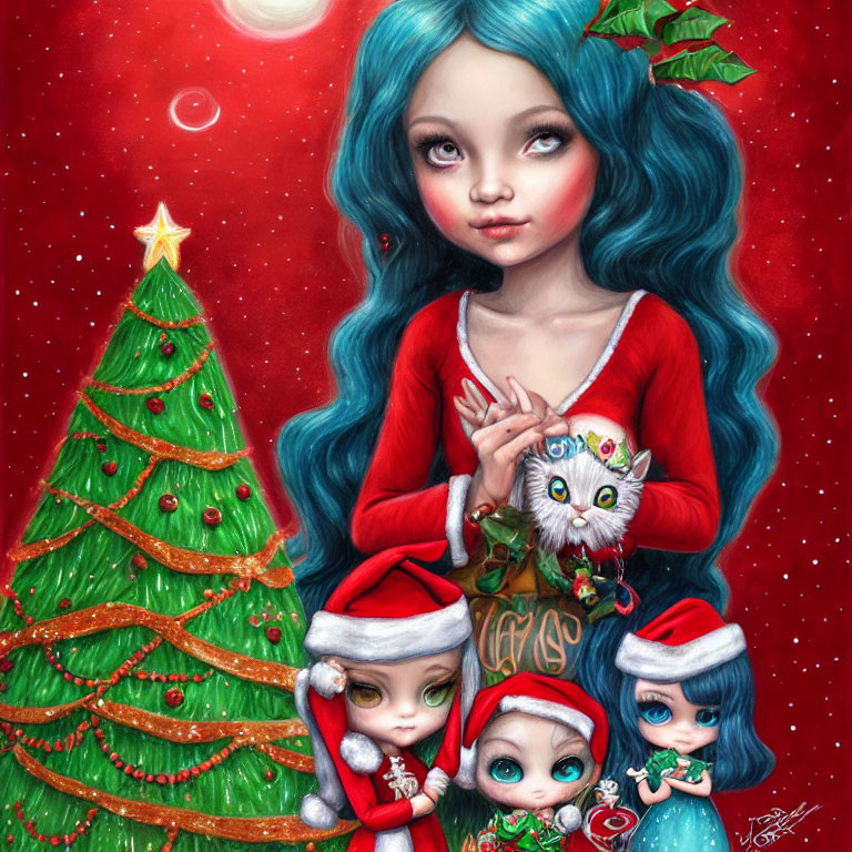 Illustration of girl with blue hair, owl, and small characters in Santa hats near Christmas tree under