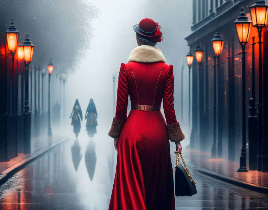 Vintage red dress and hat woman on misty lamp-lit street.