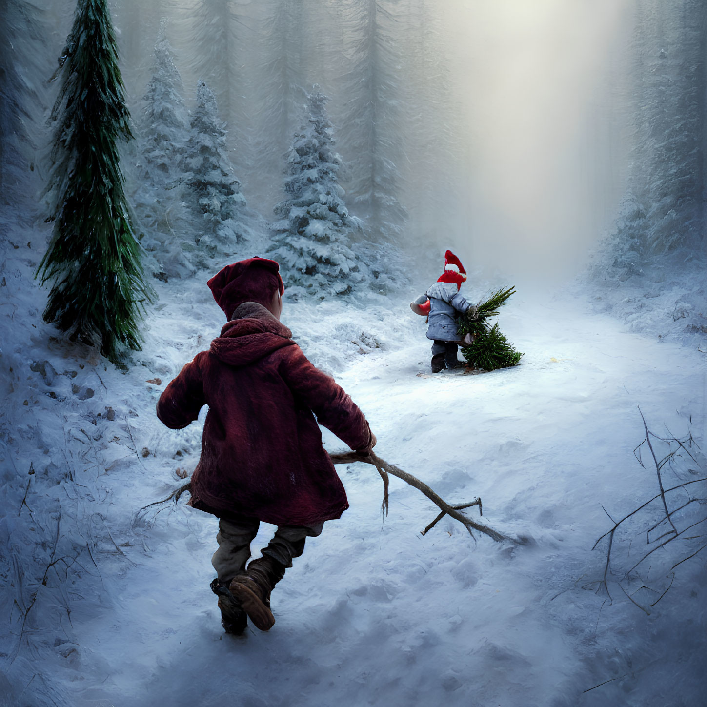 Child in red coat running towards small figure with Santa hat in snowy forest