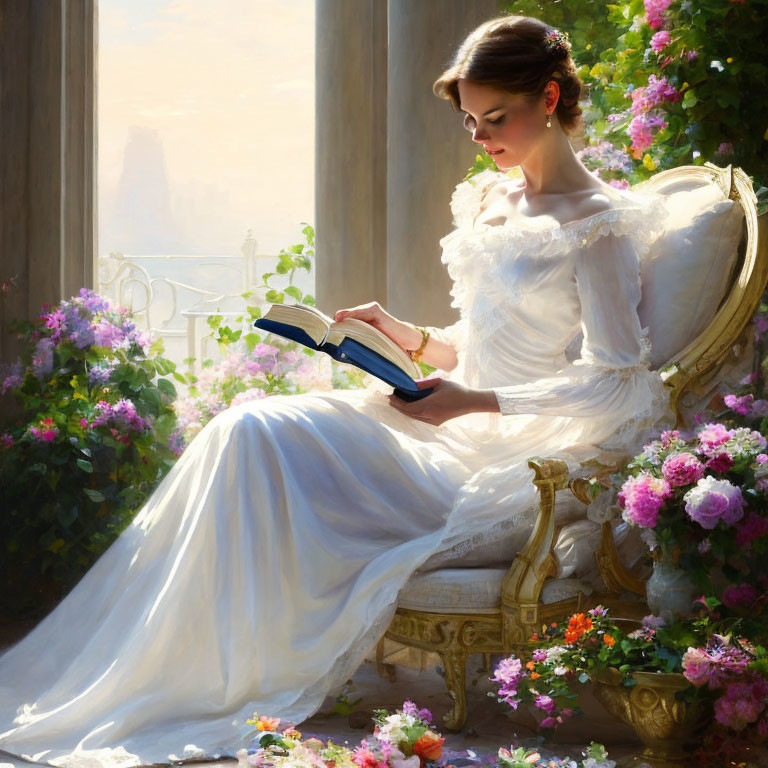 Woman in flowing white gown reading book surrounded by pink flowers