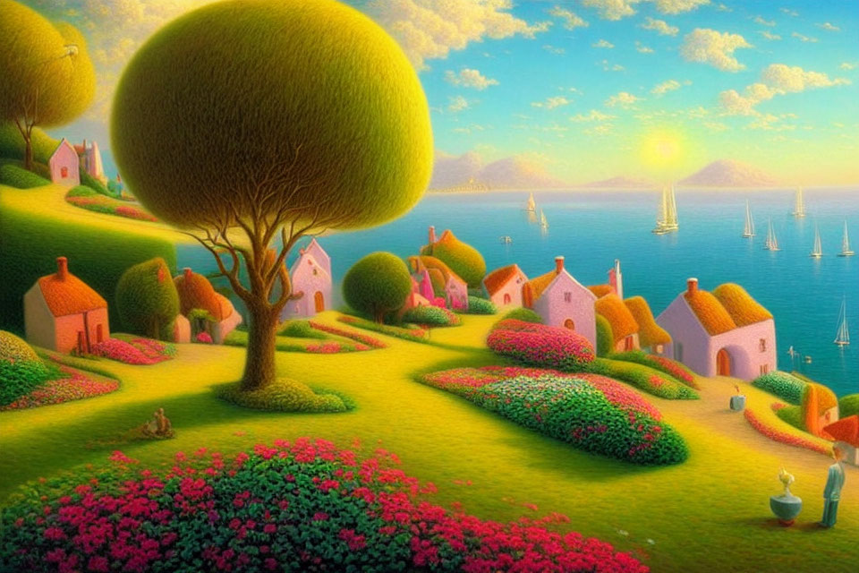 Colorful landscape with central tree, green hills, houses, and sailboats in warm light