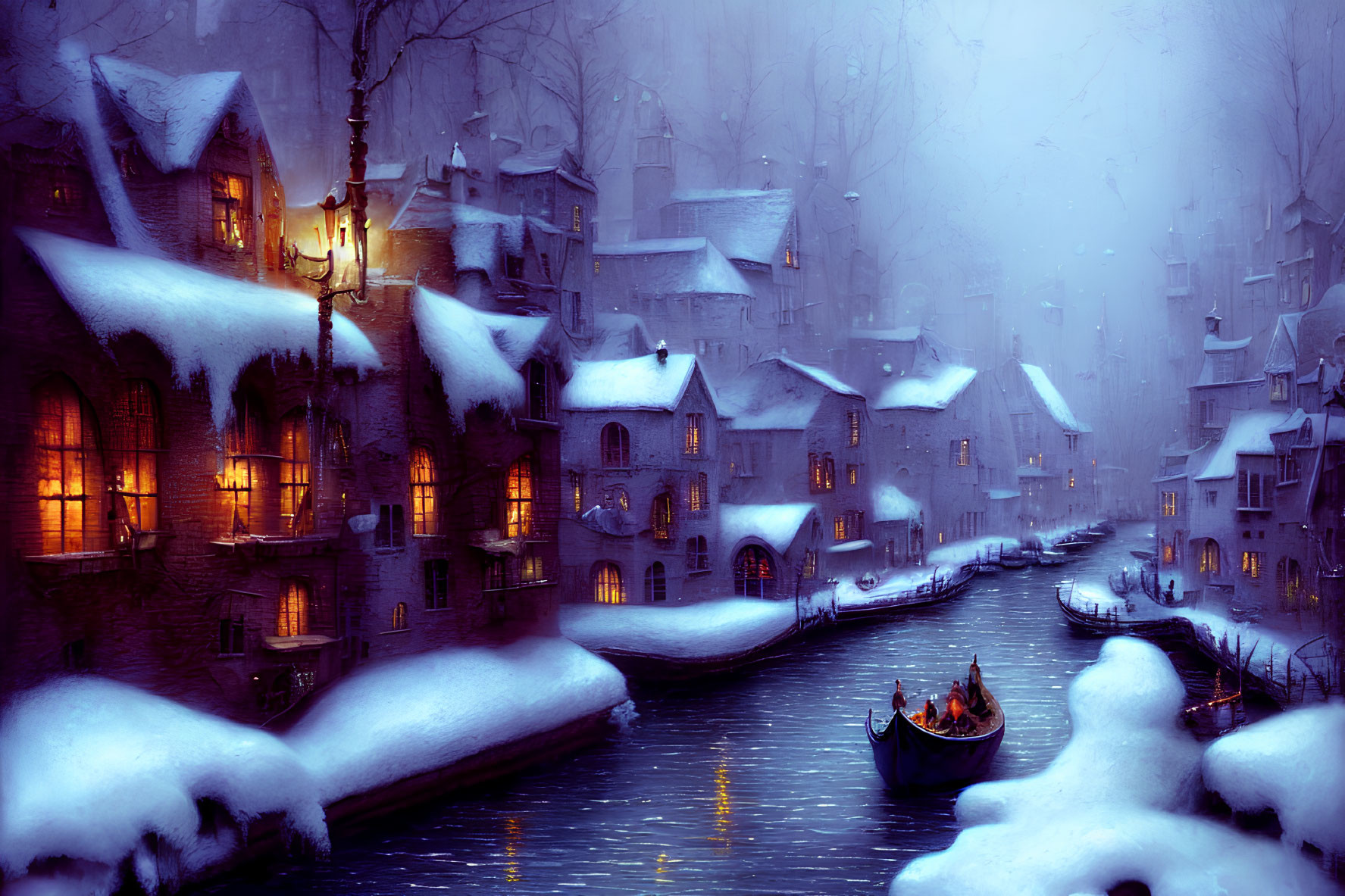 Snow-covered medieval buildings and canal in enchanting winter scene