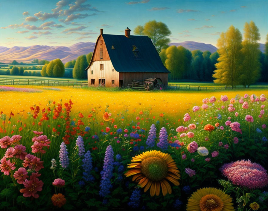 Colorful rural scene with barn, flowers, and mountains under clear sky