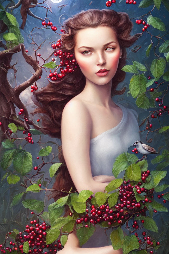 Illustrated woman with flowing hair among berry-laden branches and a small bird - serene fairy-tale