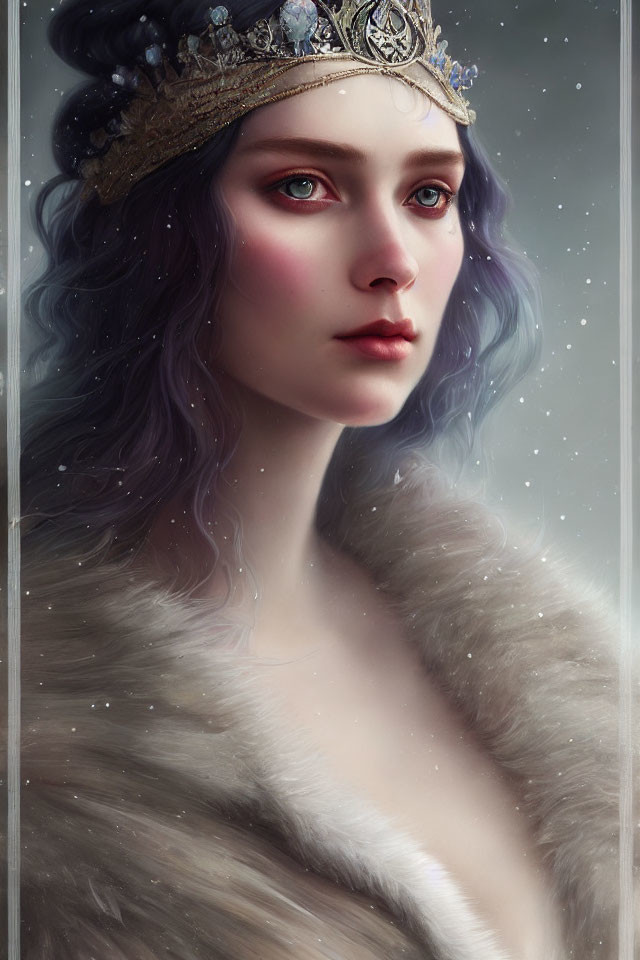 Portrait of woman with blue-violet hair, blue eyes, jeweled crown, white fur cloak,