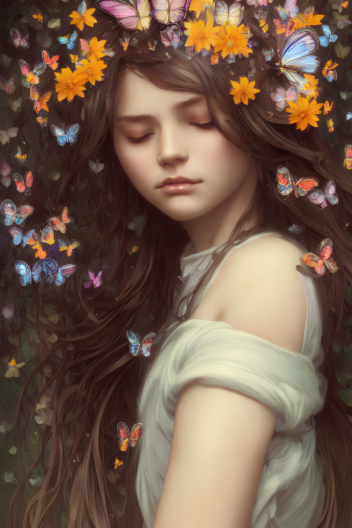Young Woman with Flowers in Hair Surrounded by Colorful Butterflies