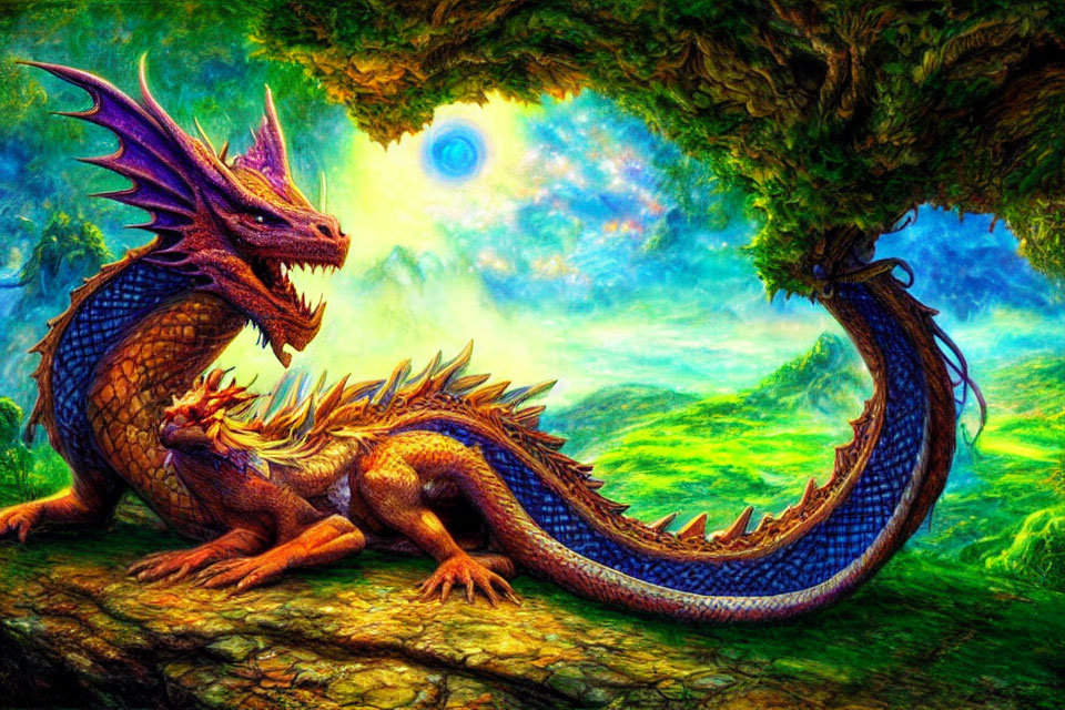 Blue and Orange Dragon Relaxing Under Green Tree with Spiraling Sky