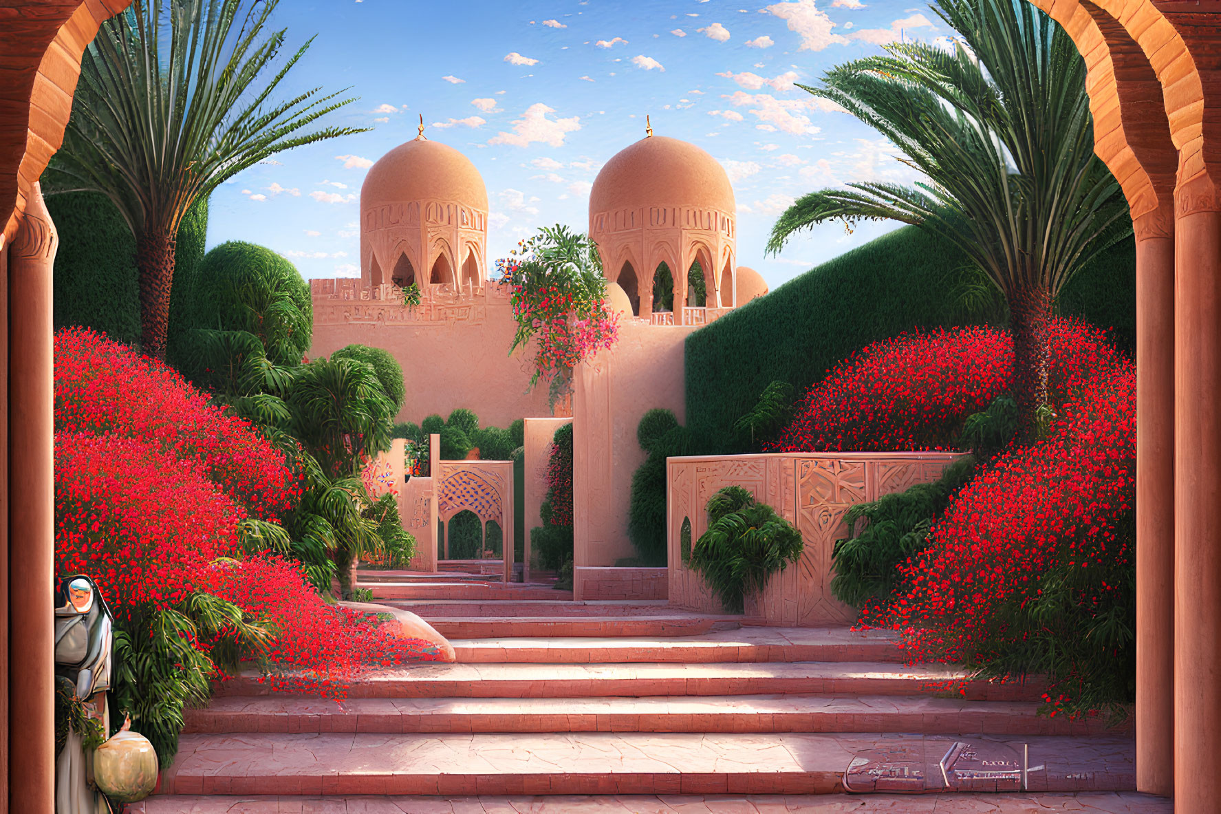 Tranquil courtyard with archways, palm trees, and red flowers