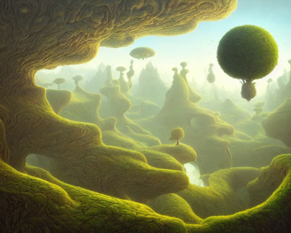 Fantasy landscape with moss-covered tree-like structures and floating islands under golden light