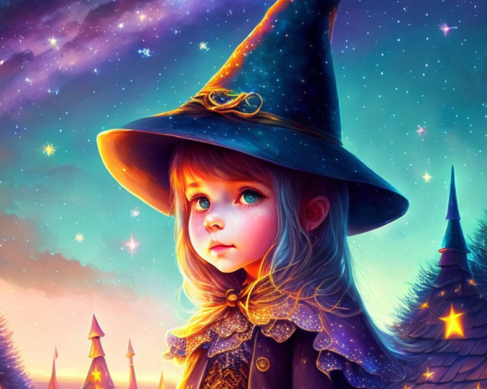 Young witch with blue eyes under starry sky and castle towers