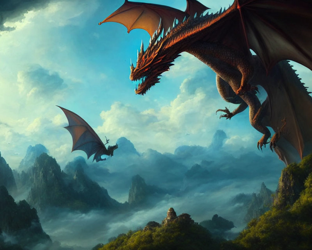 Red dragon perched on rocky peak with wings spread, overlooking misty mountain landscape.