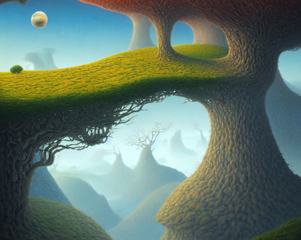 Surreal landscape featuring massive mushroom-like trees and rolling hills under a hazy sky with a small