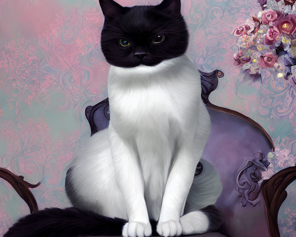 Monochrome cat on ornate chair with floral bouquet in digital painting