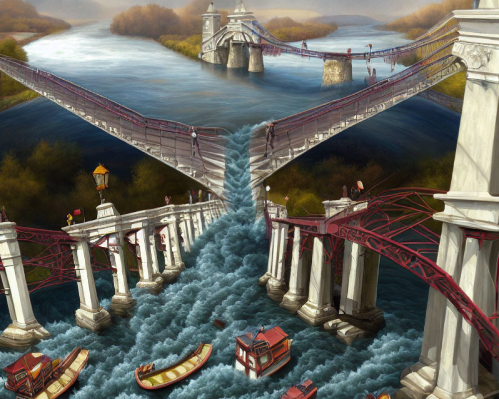 Split bridge over river with classical architecture and boats in fantastical painting.